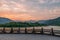 The handrails and river sunset in the Dujiangyan Irrigation System