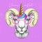 Handrawing animal ram wearing cute glasses with unicorn horn. T-shirt graphic print.