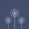 Handrawn white silhouette three dandelion on a blue background. Hand drawn elements for your designs dress, poster, car