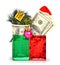 Handred dollars gift in pacage with christmas hat, bauble and pi