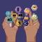 Hands with apps social media icons hexagon shape