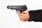 Hands with army pistol on white background