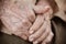Hands Asian elderly woman grasps her hand on lap, pair of elderly wrinkled hands in prayer and Traces of hard work, World Kindness