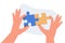 Hands assembling together jigsaw puzzle pieces. Business and corporate communication between coworkers, manager and team