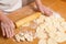 Hands of the baker knead dough