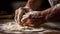 Hands-on Bakery Magic: Macro Shot of Skilled Baker Kneading Dough. Generative AI