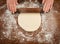 Hands baking dough with rolling pin on wooden table