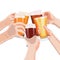 Hands with beer mugs, pilsner and weizen glasses. Light and dark beer. For banners, flyers, posters, cards. Beer day