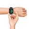 Hands with black smart watch with color scheme at screen on white background realistic vector illustration