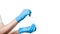 Hands in blue sterile gloves to give cotton swab to glass bottle for sampling smear analysis.