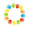 Hands border, palms frame in shape of circle. Multicolored handprints. Symbols of friendship, teamwork. Kids hands prints in paint