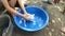 Hands of boy put beautiful white kitten in blue plastic basin with water it tries to run top view