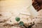 Hands of boy watering little green plant on crack dry ground