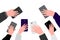 Hands of business people with cell phones. Group of people men and women take photos, videos on smartphone. Record of an