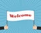 Hands of businessman holding welcome sign. Vector