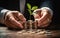 Hands of businessman protection plant sprouting growing from coins and banknotes, business investment and strategy concept