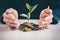 Hands of businessman protection plant sprouting growing from golden coins and banknotes, business investment and strategy concept
