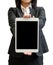 Hands of a businesswoman holding blank tablet device