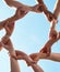 Hands, chain and circle with team and blue sky with low angle, solidarity and trust with arm link and people together