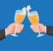 Hands with champagne in wineglasses in flat style business man wrists holding glasses of golden fizzy alcohol drink and clinking v