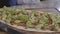 Hands of chef preparing tasty dish wrapped in lavash. Unrecognized cook pouring lettuce leaves lying over pita with bbq