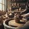 Hands for clay pot on potters wheel, in artist studio