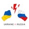 Hands clenched into fists in the colors of the flag of Ukraine and Russia. The concept of confrontation between Russia and Ukraine