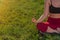 Hands closeup namaste. young Caucasian girl practices yoga meditation in the fresh air. The concept of peace of mind
