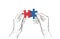 Hands connect Jigsaw puzzle piece. The concept of establishing contacts, teamwork, partnerships, understanding