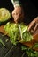 The hands of the cook cut fresh green cabbage on a cutting board with a knife. Close-up of a chef hands while working on a kitchen