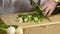 Hands of the cook knife big kitchen a fresh green feather onions on a chopping board from a tree