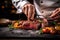 Hands-on Cooking: Chef\\\'s Expertise on Display in Close-up Food Photography of Beef Steak Plating