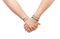 Hands of couple with gay pride rainbow wristbands