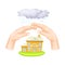 Hands Covering and Protecting House Standing on Green Lawn Vector Illustration