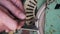 Hands of a Craftsman Working on an Abrasive Wheel in a Workshop