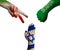 Hands decorated in flags of Iran, Israel and Saudi Arabia showing Scissors, paper, stone