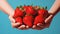 hands delicately holding strawberries with ultra-realistic details, set against a bright color background, and composed