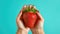 hands delicately holding strawberries with ultra-realistic details, set against a bright color background, and composed