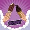 Hands with delicious ice creams pop art style