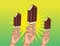 Hands with delicious ice creams in sticks pop art style
