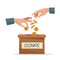 Hands depositing coin in a carton box with text banner donate