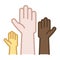 Hands of different skin colors raised up. Vector thin line icon illustration. Volunteering, charity