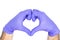 Hands of a doctor or nurse with medical gloves depict a heart isolated on a white background, medicine concept