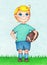 Hands drawn illustration of boy American Football player by the color pencils