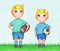 Hands drawn illustration of two boys American and European Football players