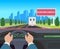 Hands driving car. Auto inside dashboard driver speed road overtaking street traffic travel billboard flat illustration