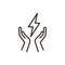 hands and electricity vector thin line outline icon illustration. Image for electricity, saving energy, sustainability, renewable