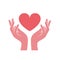 Hands embrace heart, love, charity and cardiac health care sign