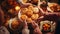 The hands of a family gathered around a table, joyfully sharing round moon cakes during the autumn festival, AI generated