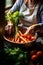 the hands of the farmer carefully put the fresh crop of carrots in the basket